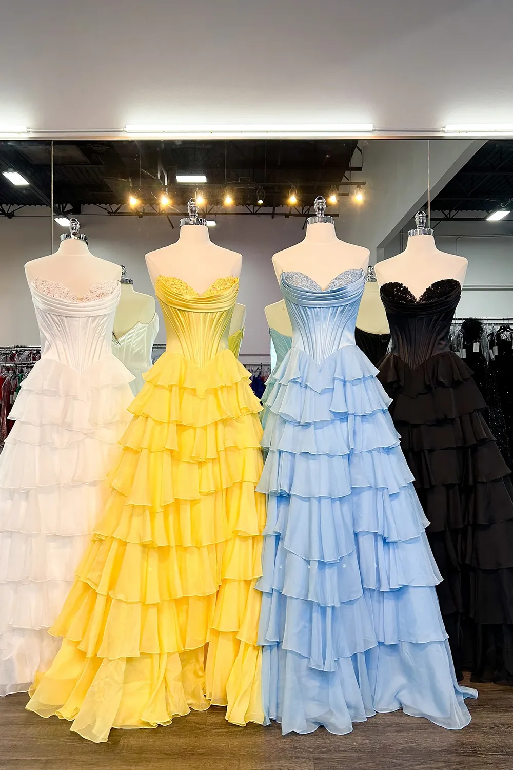 A-Line Strapless V-Neck Tiered Empire-Waist Long Prom Dresses