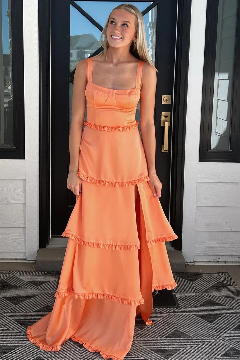 A-Line Straps Scoop Layered Satin Sleeveless Prom Dresses With Slit