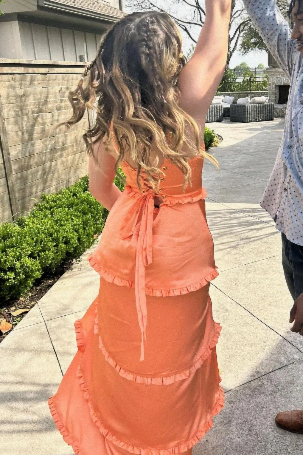 A-Line Straps Scoop Layered Satin Sleeveless Prom Dresses With Slit