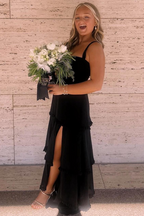A-Line Straps Scoop Layered Satin Sleeveless Prom Dresses With Slit