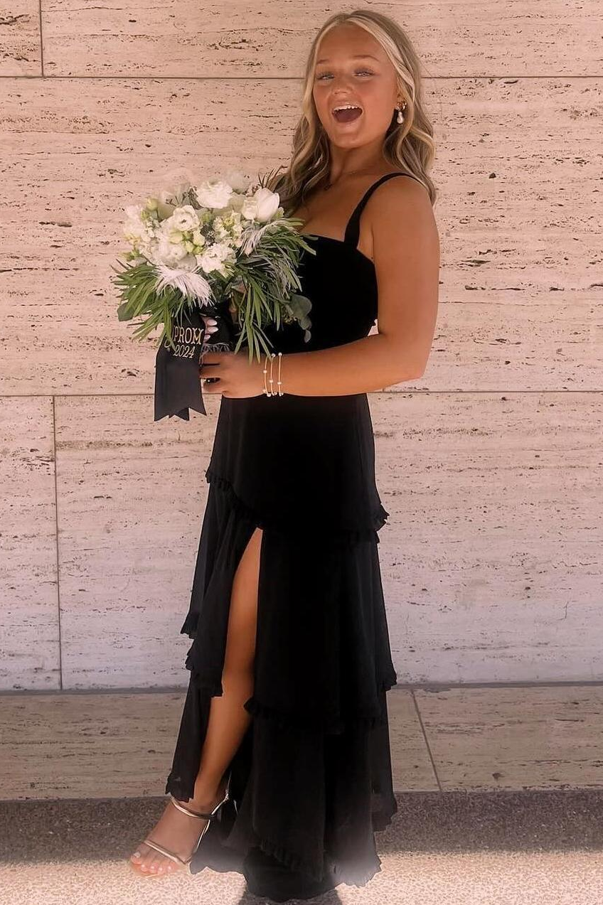A-Line Straps Scoop Layered Satin Sleeveless Prom Dresses With Slit
