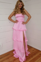 A-Line Straps Scoop Layered Satin Sleeveless Prom Dresses With Slit