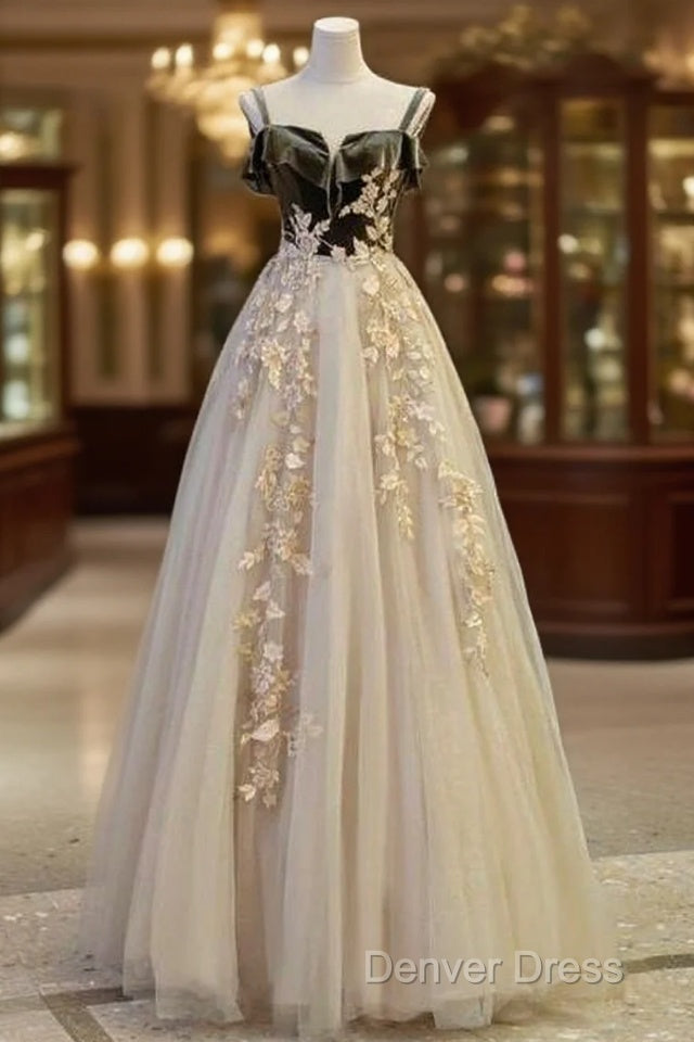 A Line Straps Tulle Long Prom Dresses Evening Dresses Main image