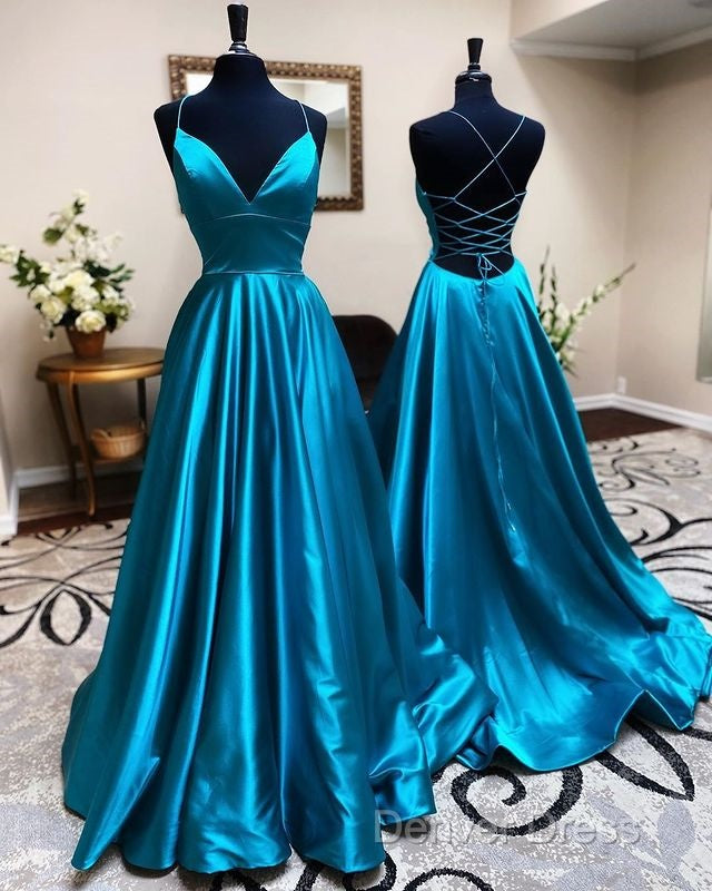 A Line Stretch Satin Emerald Green Prom Dress Spaghetti Straps V Neck Dresses