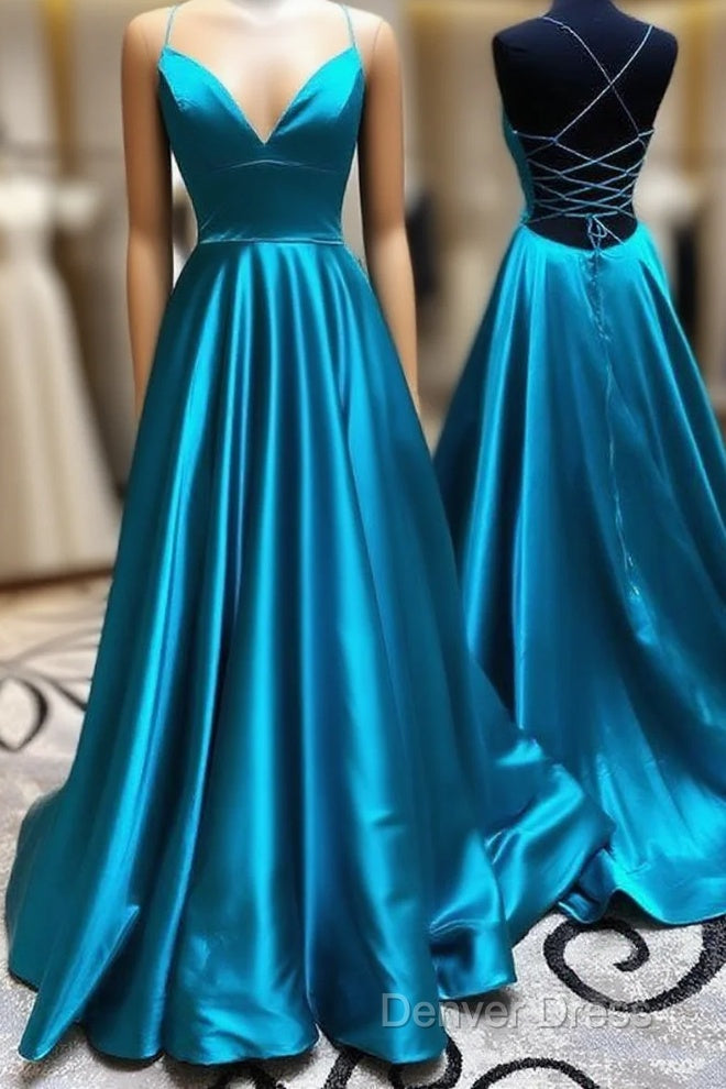 A Line Stretch Satin Emerald Green Prom Dresses Spaghetti Straps V Neck Dresses Main image