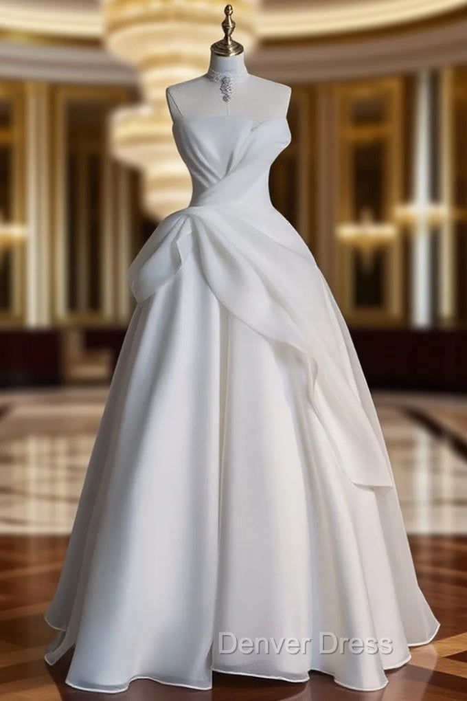 A Line Summer White Strapless Pleats Wedding Dresses Main image