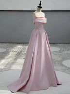 A-Line Sweep Train Satin Dark Pink Long Prom Dresses