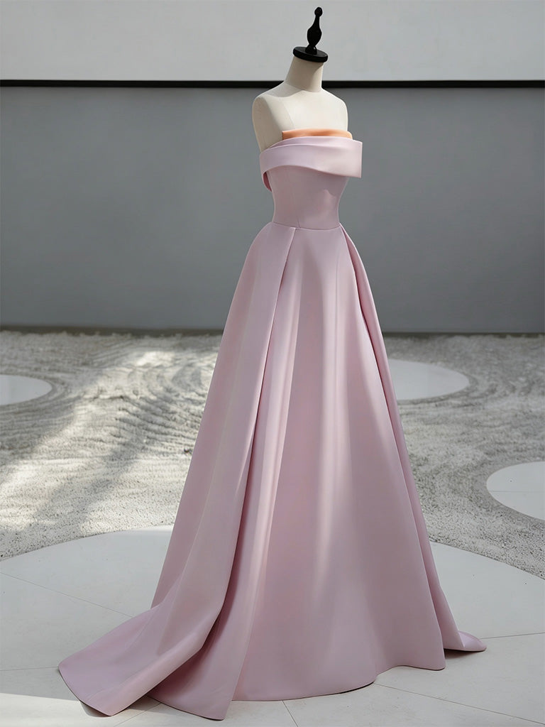 A-Line Sweep Train Satin Dark Pink Long Prom Dresses