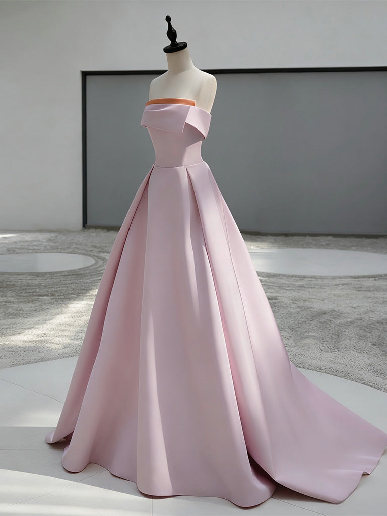 A-Line Sweep Train Satin Dark Pink Long Prom Dresses