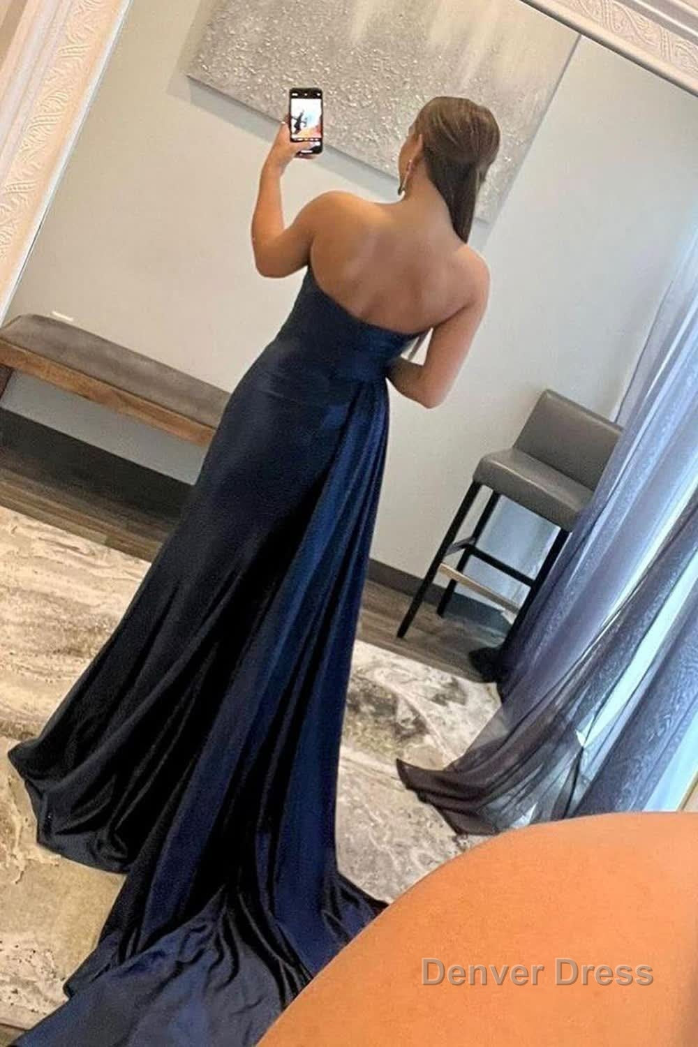 A Line Sweethaert Navy Blue Long Prom Dress with Split Front – Denver Dress