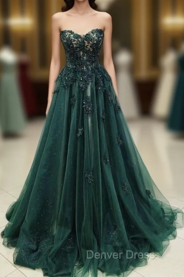 A Line Sweetheart Green Lace Long Prom Dresses Main image