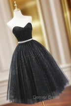 A-Line Sweetheart Neck Black Short Prom Dresses, Black Formal Evening Dresses