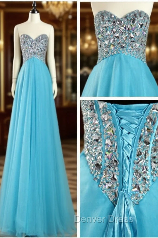 A Line Sweetheart Neck Blue Floor Length Long Prom Dress