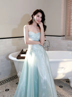 A-Line Sweetheart Neck Blue Long Prom Dresses