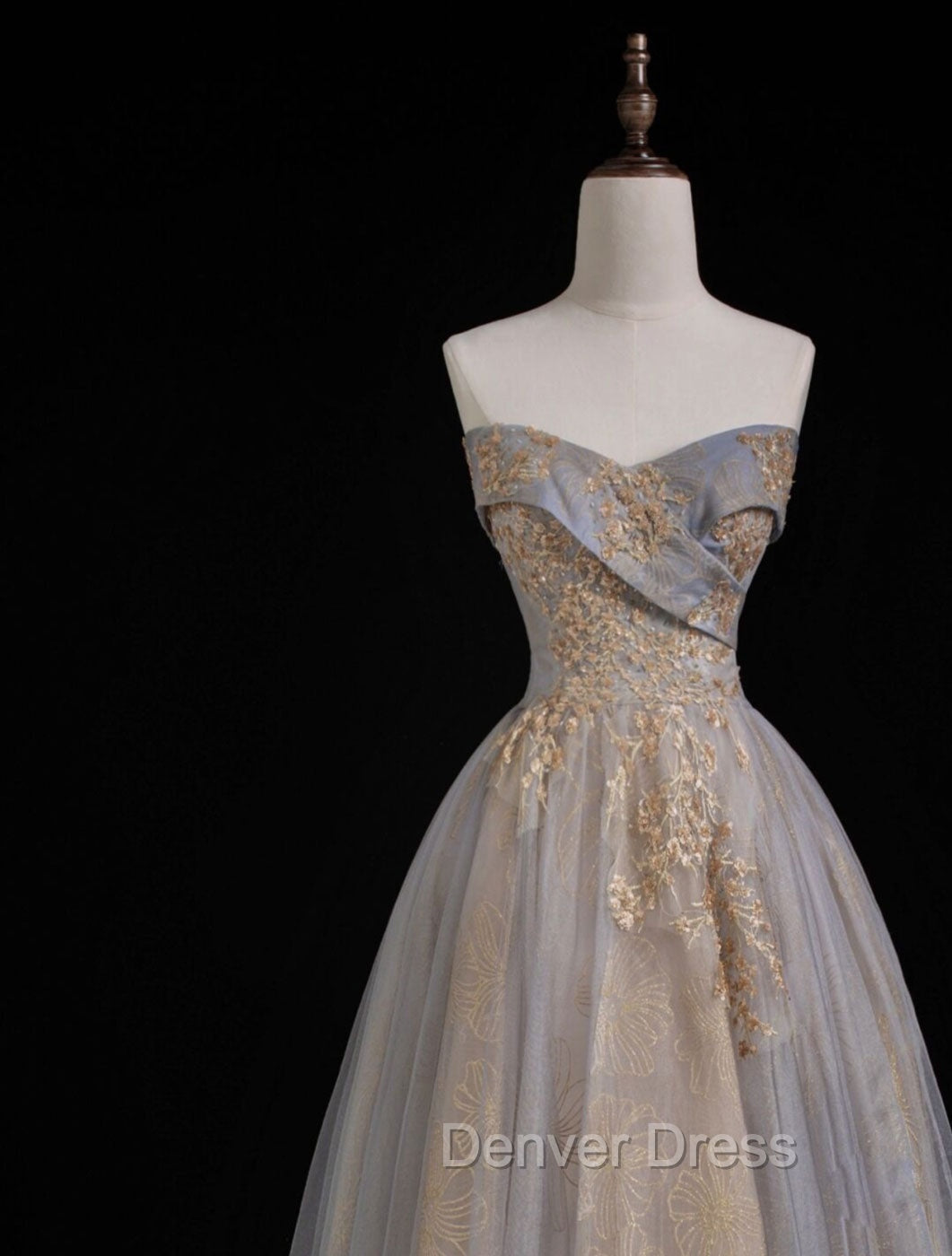 A Line Sweetheart Neck Gray Blue Long Prom Dresses, Gray Court Train Blue Prom Gown