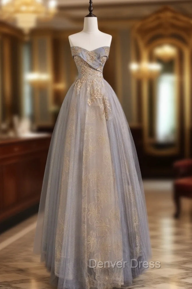A Line Sweetheart Neck Gray Blue Long Prom Dresses, Gray Court Train Blue Formal Gowns Main image