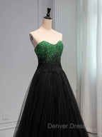 A Line Sweetheart Neck Green Beads Black Tulle Long Prom Dresses Evening Dresses