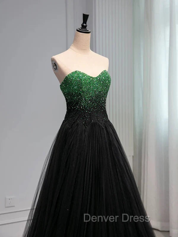 A Line Sweetheart Neck Green Beads Black Tulle Long Prom Dresses Evening Dresses