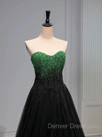 A Line Sweetheart Neck Green Beads Black Tulle Long Prom Dress