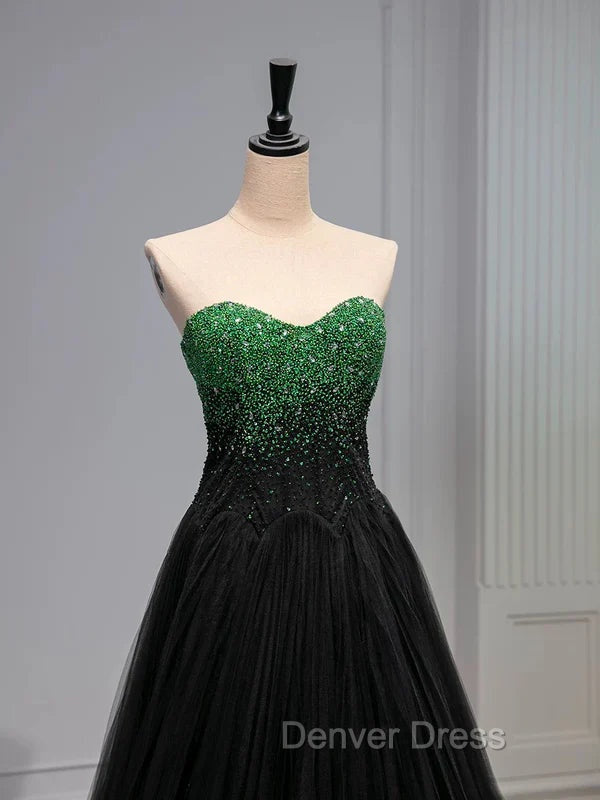 A Line Sweetheart Neck Green Beads Black Tulle Long Prom Dress