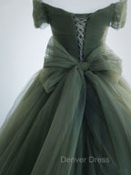 A-Line Sweetheart Neck Green Long Prom Dresses, Sweep Train Green  Formal Dresses