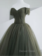 A-Line Sweetheart Neck Green Long Prom Dresses, Sweep Train Green  Formal Dresses