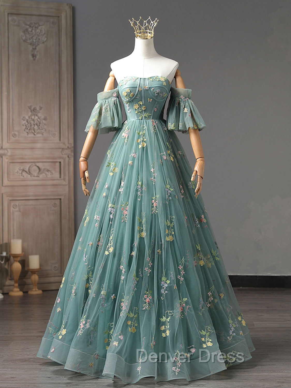 A-Line Sweetheart Neck Green Long Prom Dresses, Green Lace Formal Dresses Secondary image
