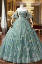 A-Line Sweetheart Neck Green Long Prom Dresses, Green Lace Formal Dresses