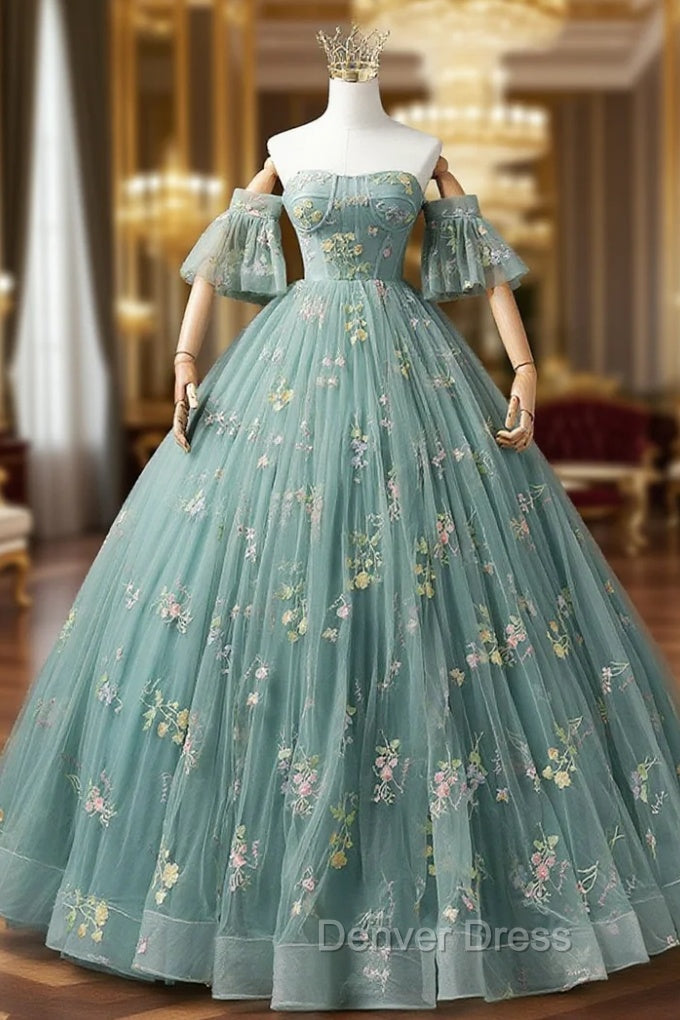 A-Line Sweetheart Neck Green Long Prom Dresses, Green Lace Formal Dresses