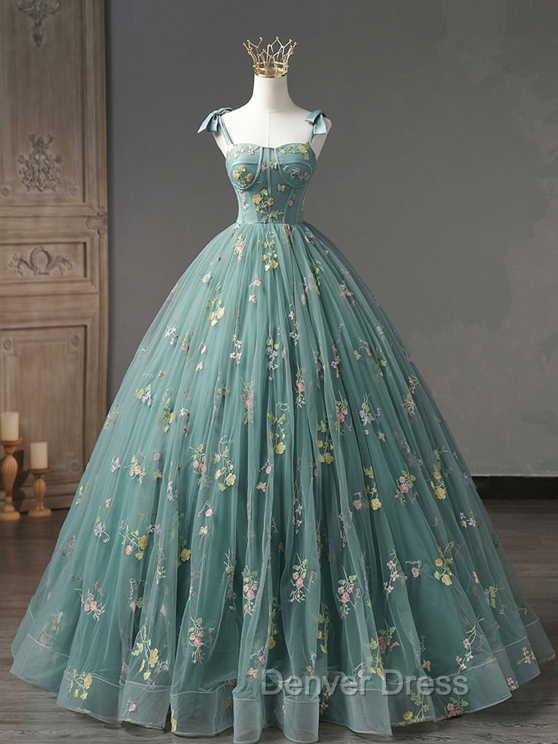 A-Line Sweetheart Neck Green Long Prom Dresses, Green Lace Formal Dresses