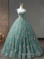 A-Line Sweetheart Neck Green Long Prom Dresses, Green Lace Formal Dresses