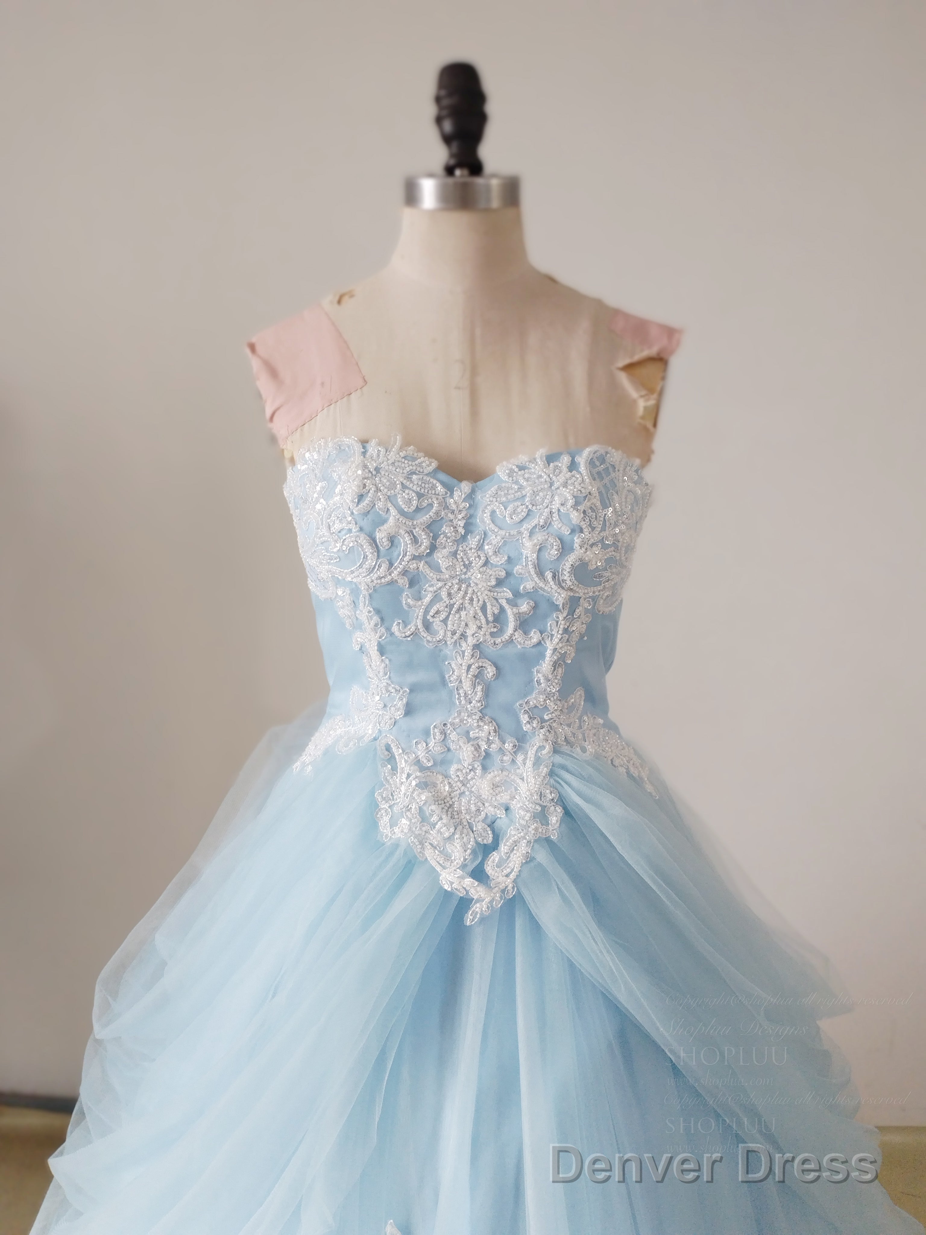 A Line Sweetheart Neck Lace Blue Long Prom Dress, Blue Long Sweet 16 Dresses Secondary image