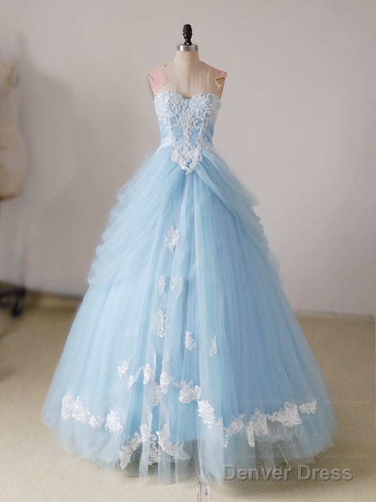 A-Line Sweetheart Neck Lace Blue Long Prom Dress, Blue Long Sweet 16 Dress Main image