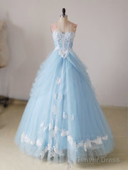 A-Line Sweetheart Neck Lace Blue Long Prom Dress, Blue Long Sweet 16 Dress