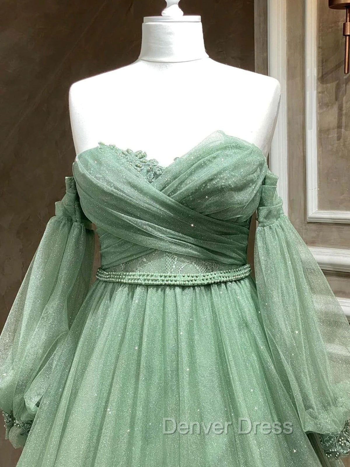 A Line Sweetheart Neck Long Sleeves Green Tulle Long Prom Dresses, Long Green Formal Evening Dresses Secondary image