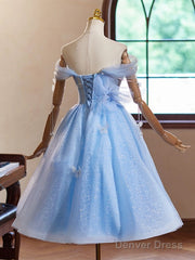 A-Line Sweetheart Neck Off Shoulder Blue Short Prom Dress With Beads