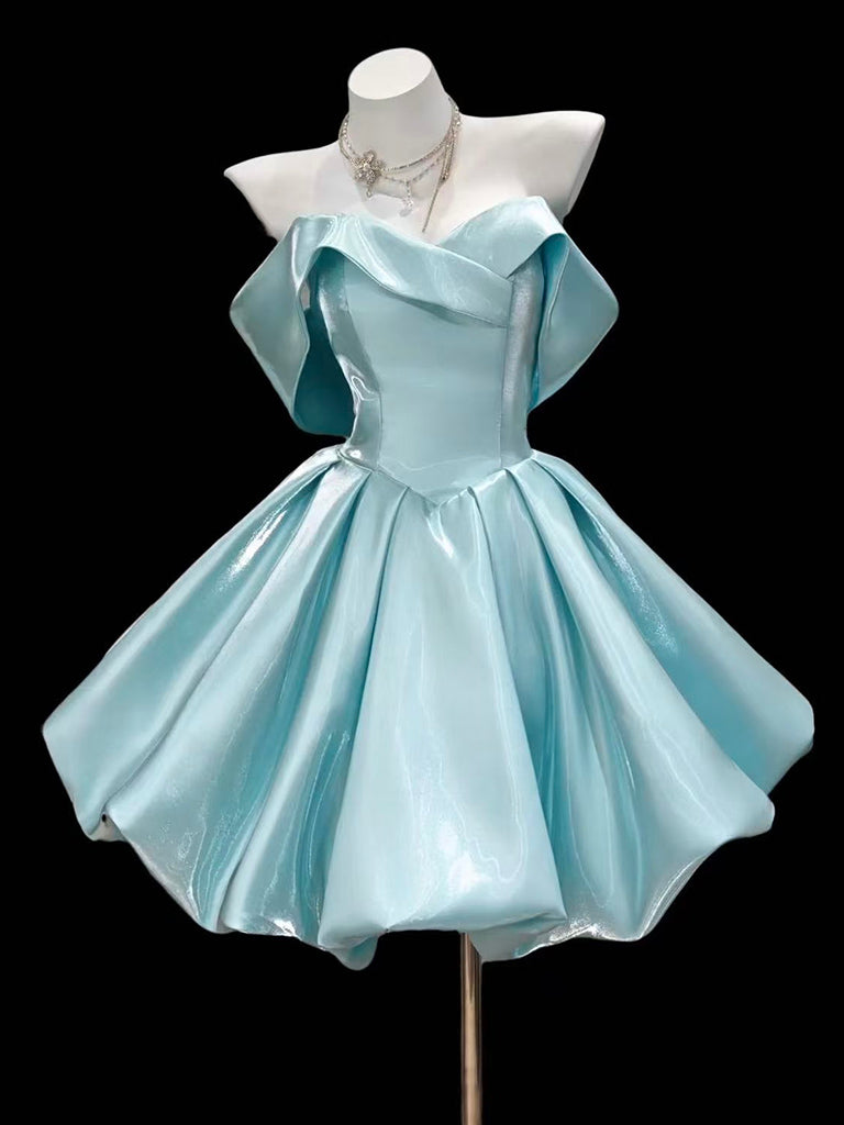 A-Line Sweetheart Neck Off Shoulder Blue Short Prom Dresses