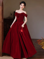 A-Line Sweetheart Neck Off Shoulder Floor Length Burgundy Prom Dresses