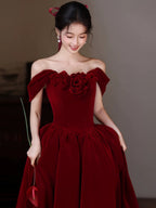 A-Line Sweetheart Neck Off Shoulder Floor Length Burgundy Prom Dresses