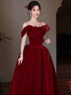 A-Line Sweetheart Neck Off Shoulder Floor Length Burgundy Prom Dresses