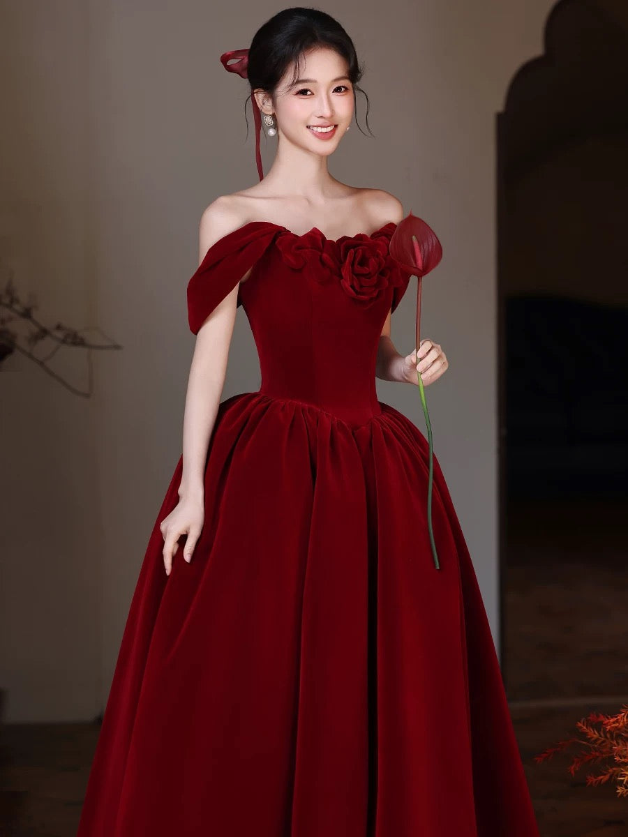 A-Line Sweetheart Neck Off Shoulder Floor Length Burgundy Prom Dresses