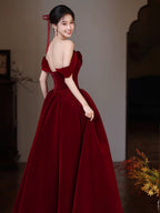 A-Line Sweetheart Neck Off Shoulder Floor Length Burgundy Prom Dresses
