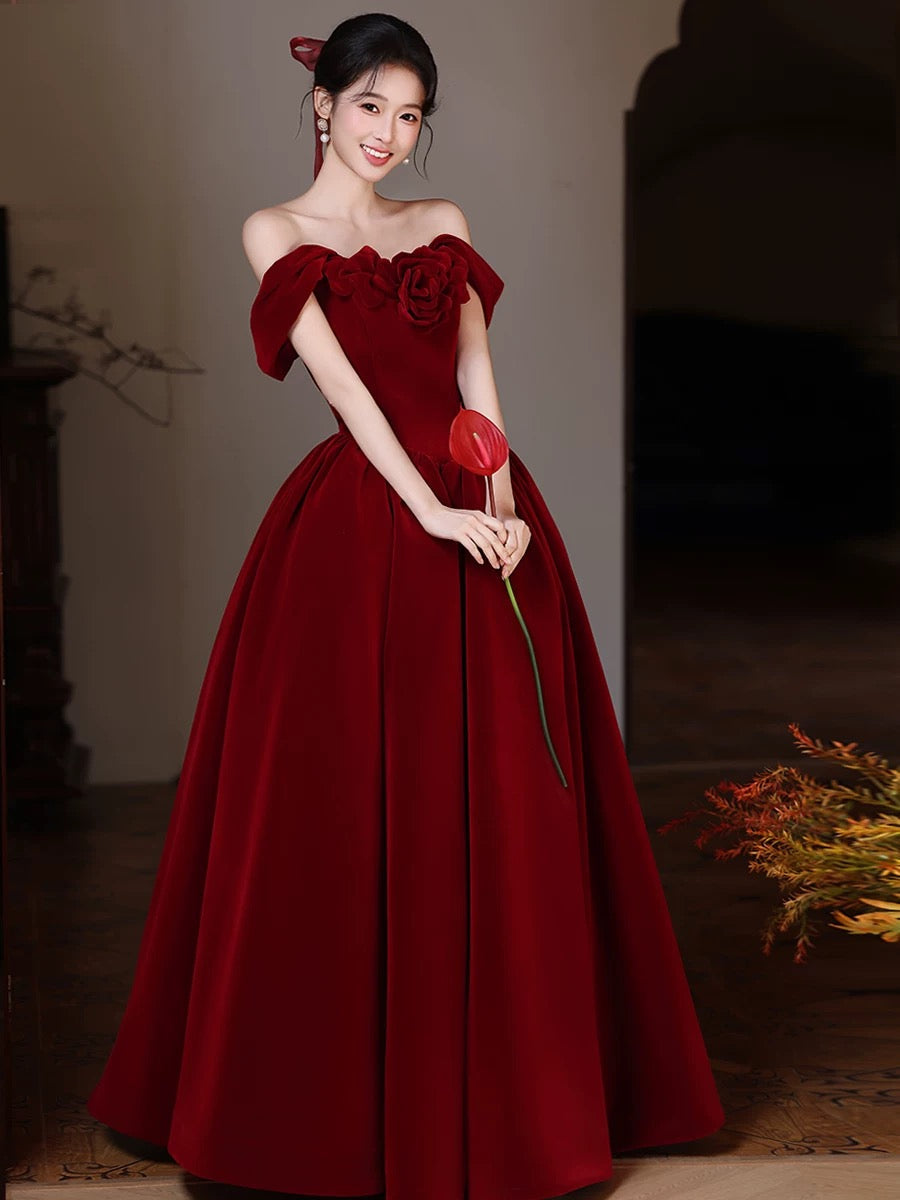 A-Line Sweetheart Neck Off Shoulder Floor Length Burgundy Prom Dresses Main image