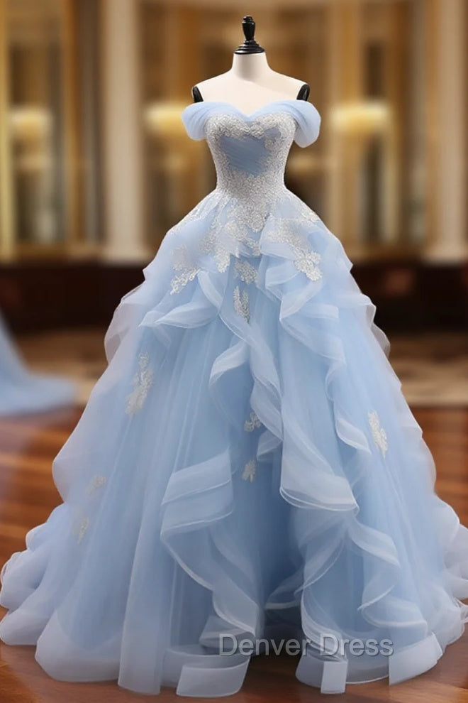 A-Line Sweetheart Neck Off Shoulder Tulle Lace Blue Long Prom Dresses, Blue Sweet 16 Dresses Main image