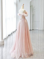 A Line Sweetheart Neck Off Shoulder Tulle Pink Long Prom Dress, Pink Long Prom Dresses