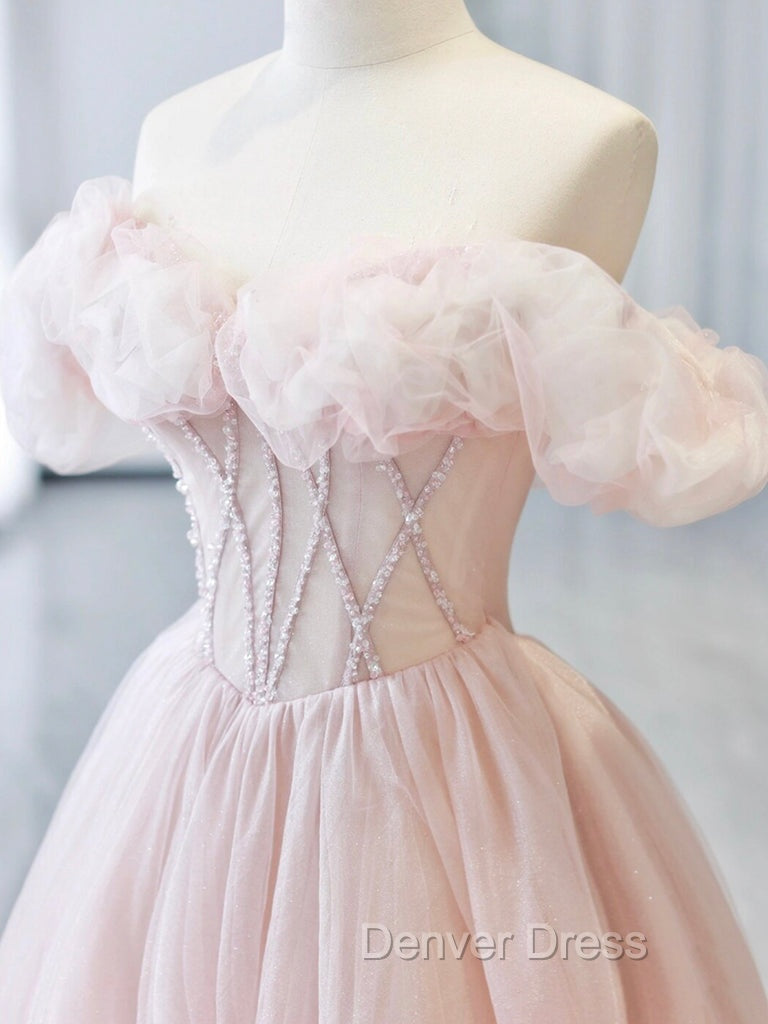 A Line Sweetheart Neck Off Shoulder Tulle Pink Long Prom Dress, Pink Long Prom Dresses