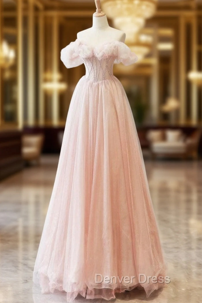 A-Line Sweetheart Neck Off Shoulder Tulle Pink Long Prom Dresses, Pink Long Formal Dresses Main image
