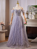 A-Line Sweetheart Neck Off Shoulder Tulle Sequin Gray Blue Long Prom Dresses