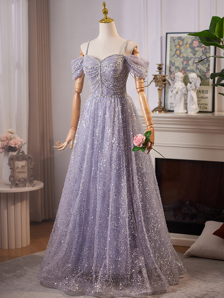 A-Line Sweetheart Neck Off Shoulder Tulle Sequin Gray Blue Long Prom Dresses Secondary image