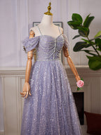 A-Line Sweetheart Neck Off Shoulder Tulle Sequin Gray Blue Long Prom Dresses